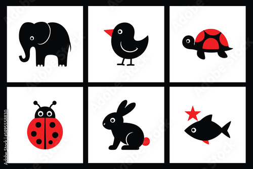 Infant Visual Stimulation Patterns, Black and white flash card with high contrast for baby vector, animals	