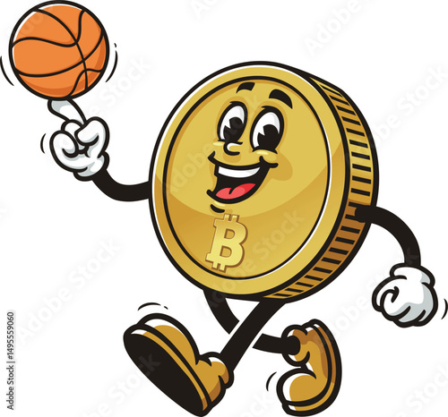 Bitcoin character cartoon playing basketball