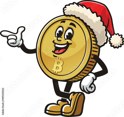 Bitcoin character cartoon wearing a Christmas hat
