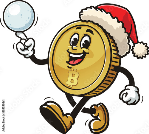 Bitcoin character cartoon playing snowballs and wearing a Christmas hat
