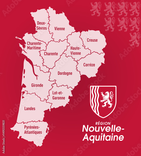 Carte Région Nouvelle-Aquitaine, Charente, Charente-Maritime, Corrèze, Creuse, Dordogne, Gironde, Landes, Lot-et-Garonne, Pyrénées-Atlantiques, Deux-Sèvres, Vienne, Haute-Vienne