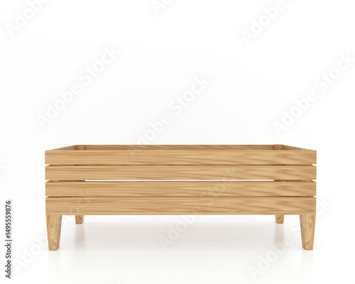 Fototapeta Naklejka Na Ścianę i Meble -  3D render of wooden raised planter box, front view. Natural slatted wood design with short tapered legs. Isolated on white background. Perfect for gardening, landscaping, and home decor visuals.