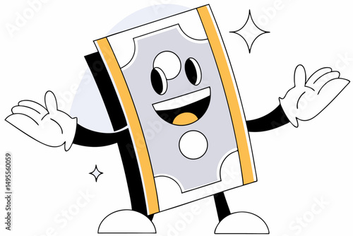 Playful money themed cartoon character of a dollar bill with animated features great for apps websites or classroom financial literacy visuals