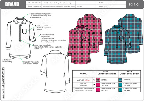 Girls Shirt L/S w/ roll-up sleeve tunic lenght
