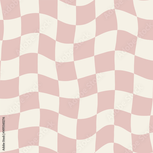 Wavy Check seamless vector pattern, groovy 90s checkers dusty pink wallpaper, textile print, fabric