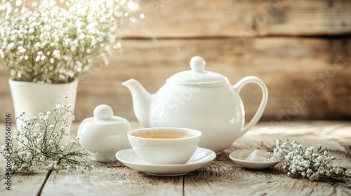 Wallpaper Mural White tea set with fresh tea on wooden background. Torontodigital.ca