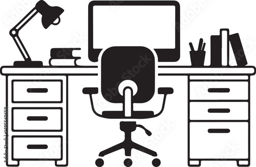 Simple Black and White Illustration of a Modern Office Desk Setup