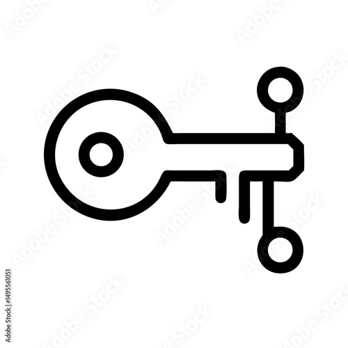 Black line icon of a key with digital nodes attached to the end. Excellent for articles on encryption, digital access, cryptocurrency, or cybersecurity and blockchain blogs.