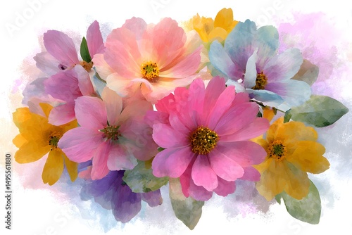 Vibrant bouquet of mixed pastel flowers brightening up a serene space with colorful petals and lush greenery