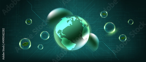 Futuristic green earth surrounded by eco bubbles and digital lines. Ideal for sustainability, clean technology, green innovation, and environmental protection concepts.