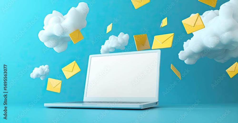 Laptop with email clouds, bright colors Laptop with email clouds, bright colors