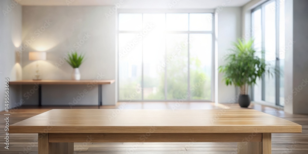 Fototapeta premium Empty light wood table in bright minimalist interior room with large window
