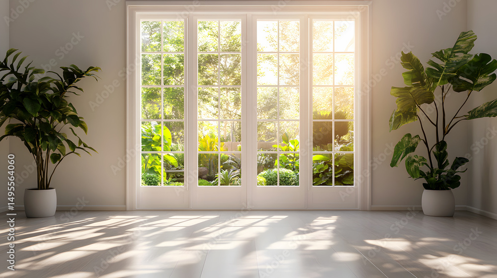 Fototapeta premium A bright, airy interior with large windows overlooking a lush garden, flanked by potted plants, casting shadows on the floor.