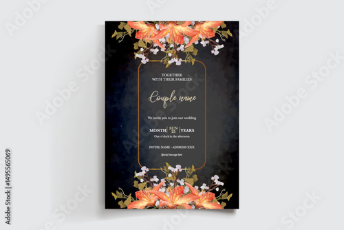 WEDDING INVITATION FRAME WITH FLOWER DECORATIONS AND FRESH LEAVES