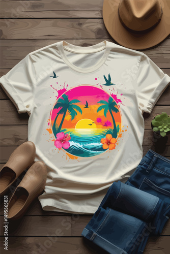 Cream TShirt with Tropical Sunset Beach Design
