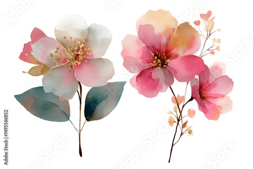 Delicate watercolor flowers bloom in soft hues, dancing gracefully against a transparent backdrop, embodying spring's serene beauty