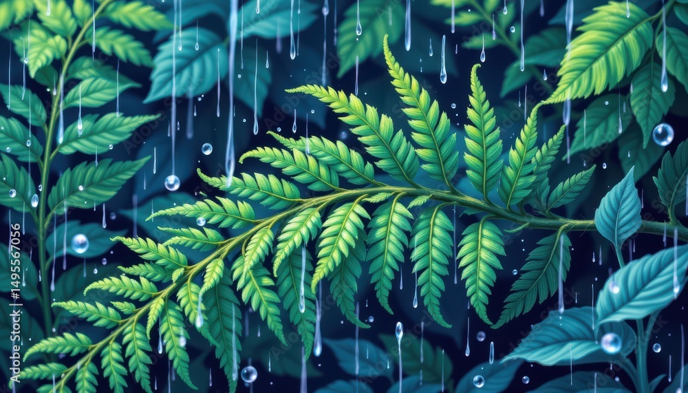 Fototapeta premium radiant rain soaked fern in an illustrative style, with emerald and slate blue colors, crisp lines, detailed leaves, harmonious vibe, high resolution