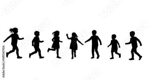Children Playing Group Silhouette, Joyful Youth Energy Vector