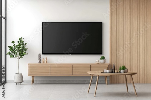 Modern minimalist living room with TV and wooden furniture