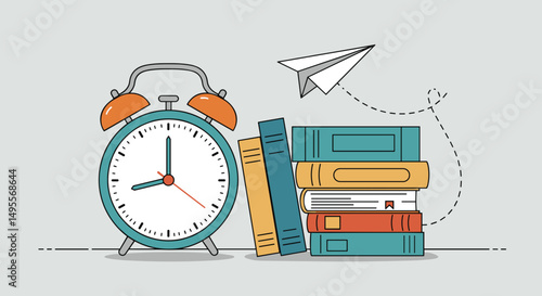 Alarm clock and stack of books with paper airplane flying above,for school, online courses, psychologists, personal growth and time management, book covers, banners 