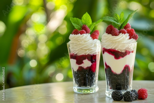 Wallpaper Mural Two glasses of layered dessert with raspberries, whipped cream, and blackberries. Torontodigital.ca