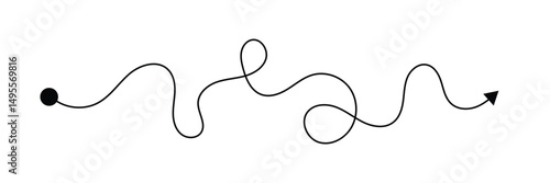Curved line with start point and direction arrow. Difficult way, chaos path, hard route, challenge symbol isolated on white background. Vector graphic illustration . EPS 10 . 