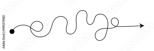 Curved line with start point and direction arrow. Difficult way, chaos path, hard route, challenge symbol isolated on white background. Vector graphic illustration . EPS 10 . 