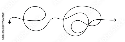 Curved line with start point and direction arrow. Difficult way, chaos path, hard route, challenge symbol isolated on white background. Vector graphic illustration . EPS 10 . 