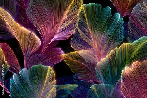 Vibrant neon tropical leaves create a captivating visual symphony in a lush, dreamlike garden