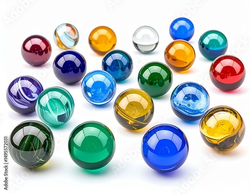 A vibrant collection of colorful marbles displayed creatively on a white background.