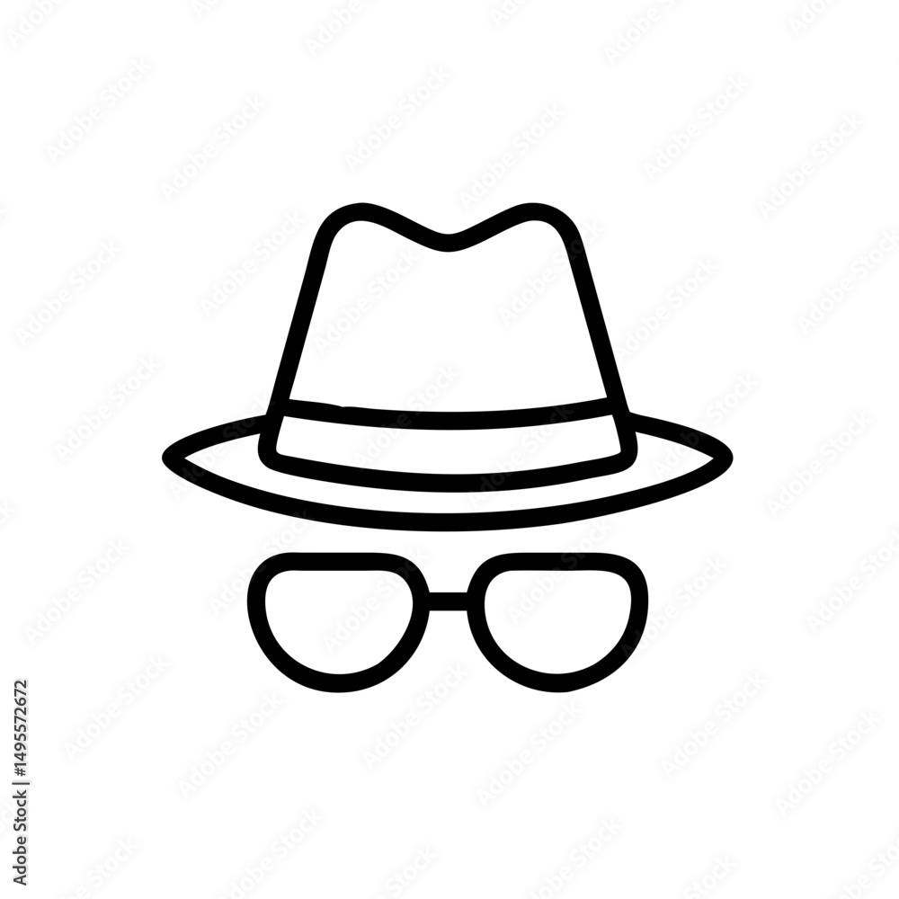 A simple black outline icon of a hat and glasses. Websites/blogs can use this for themes of privacy, anonymity, or disguise. A simple black outline icon of a hat and glasses. Websites/blogs can use this for themes of privacy, anonymity, or disguise.