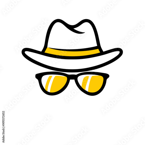 Black outline of glasses under a white hat with a yellow band. Useful for privacy blogs, incognito modes, or mystery themes.