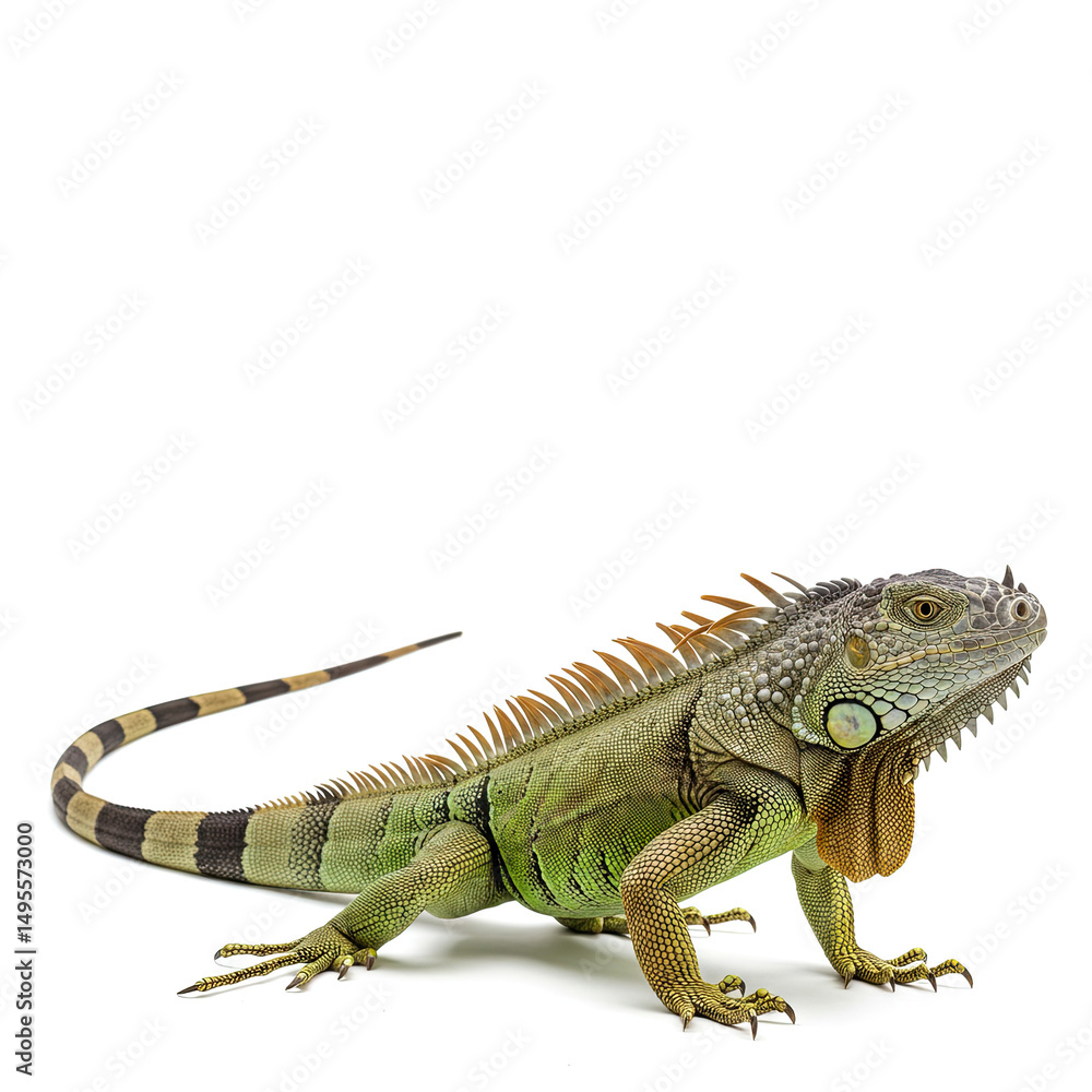 Fototapeta premium Chameleon on Branch Isolated on Pure White Background – Bright Colors and Full Body