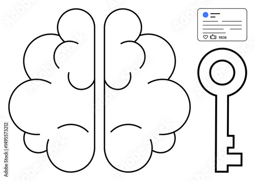 Brain outline beside a key and social media post symbolizes problem-solving, innovation, and digital connection. Ideal for education, strategy, creativity, social media, influence, digital learning