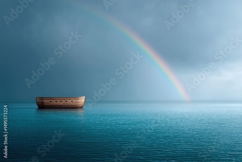Vibrant wooden ark floating on colorful stormy waters with a bright rainbow in the background