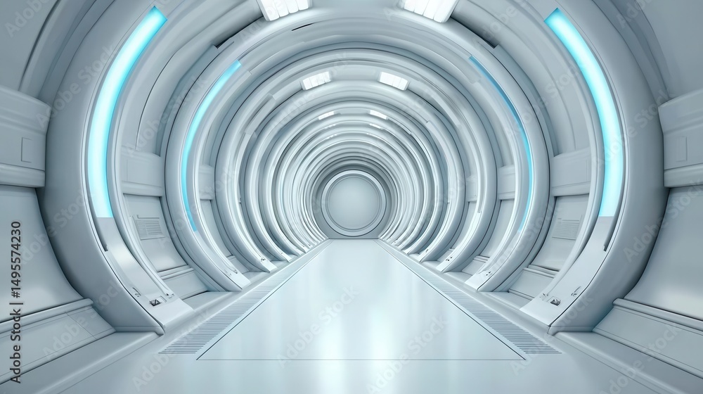 Fototapeta premium Futuristic Sci-Fi Tunnel with Smooth White Surface and Soft Blue Lighting Illuminating a Clean, Minimalistic Space for Innovation and Technology