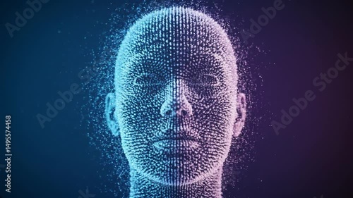 Digital Face Made of Particles with glowing effects on a dark background  