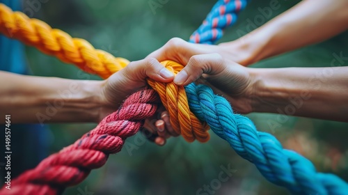 Robust and multifarious network rope team idea that incorporates braid, color background and cooperation with text space, Generative AI.