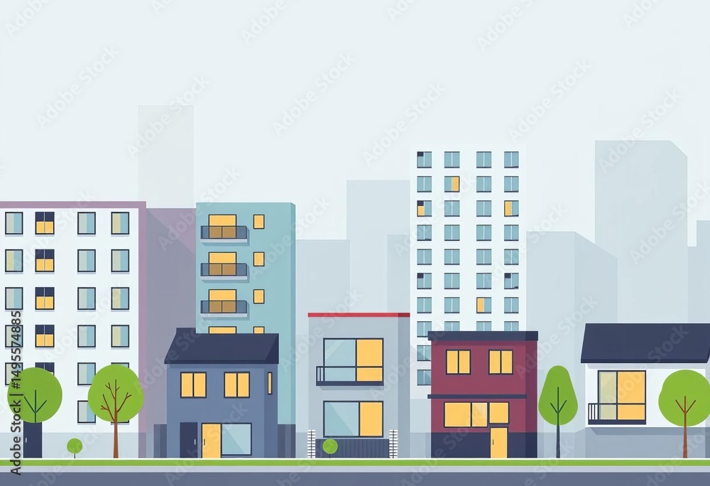 Fototapeta premium Geometric minimalist residential houses in a city Flat vector illustration , clean, minimal