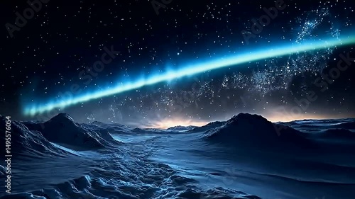 Cosmic Winter A snowy planet bathed in an ethereal aurora under a starry sky
