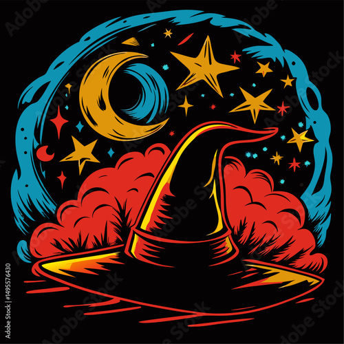 Mystical witch s hat under a crescent moon and stars
