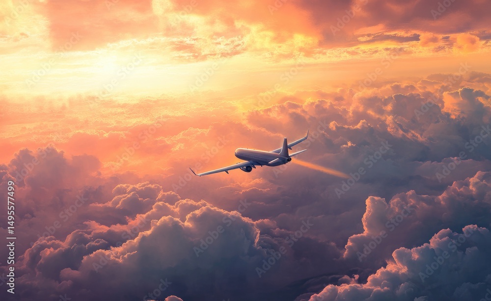 Naklejka premium Airplane flying above clouds at sunset golden hour