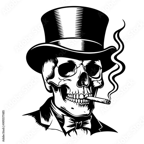 Skull Smoking Cigar in Top Hat Vector Illustration