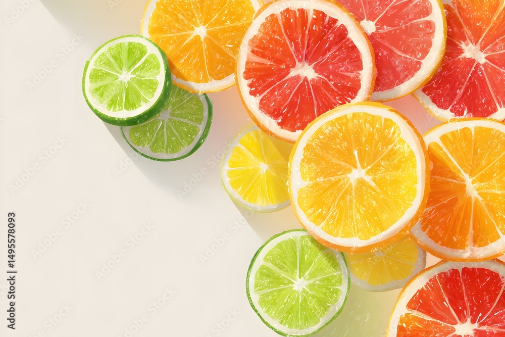 Obraz premium Fresh citrus slices create a vibrant display of color and flavor, perfect for summer gatherings and healthy snacks