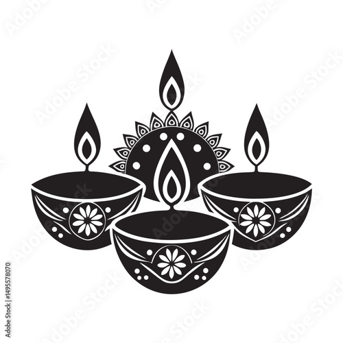 Silhouette of Diwali diya lamps in a row with floral rangoli design on white background