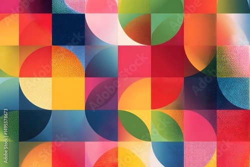 Intriguing geometric patterns intertwining vivid colors and textures create a playful visual tapestry of shapes and hues
