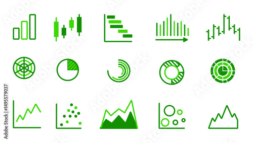 Set of various colorful charts and graphs on a white background. Concept of data visualization and analytics. Vector illustration