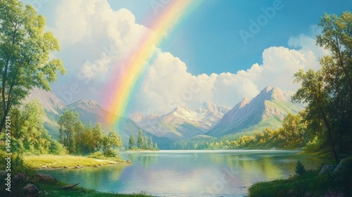 Majestic mountain landscape reflecting on the lake beneath a vibrant rainbow