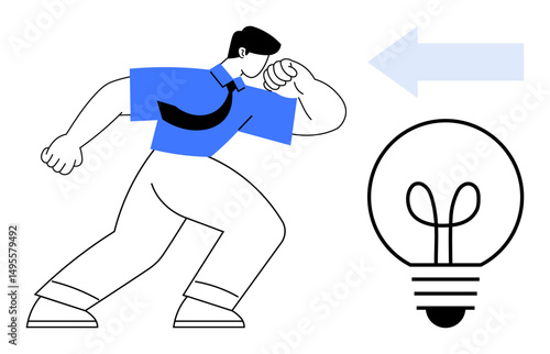 Person stepping toward a lightbulb with an arrow directing forward, emphasizing creativity, growth, and solutions. Ideal for innovation, goals, progress, leadership, strategy inspiration flat