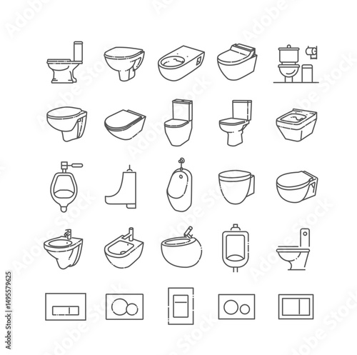 Toilet line icons. Toilets, Bidets, Urinals. Flush plates and push plates